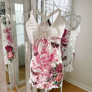 Ed Hardy White Pink Graphic Tank y2k XS